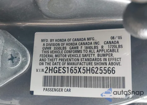 2005 Honda Civic Lx z USA, uszkodzony, nr VIN 2HGES165X5H625566